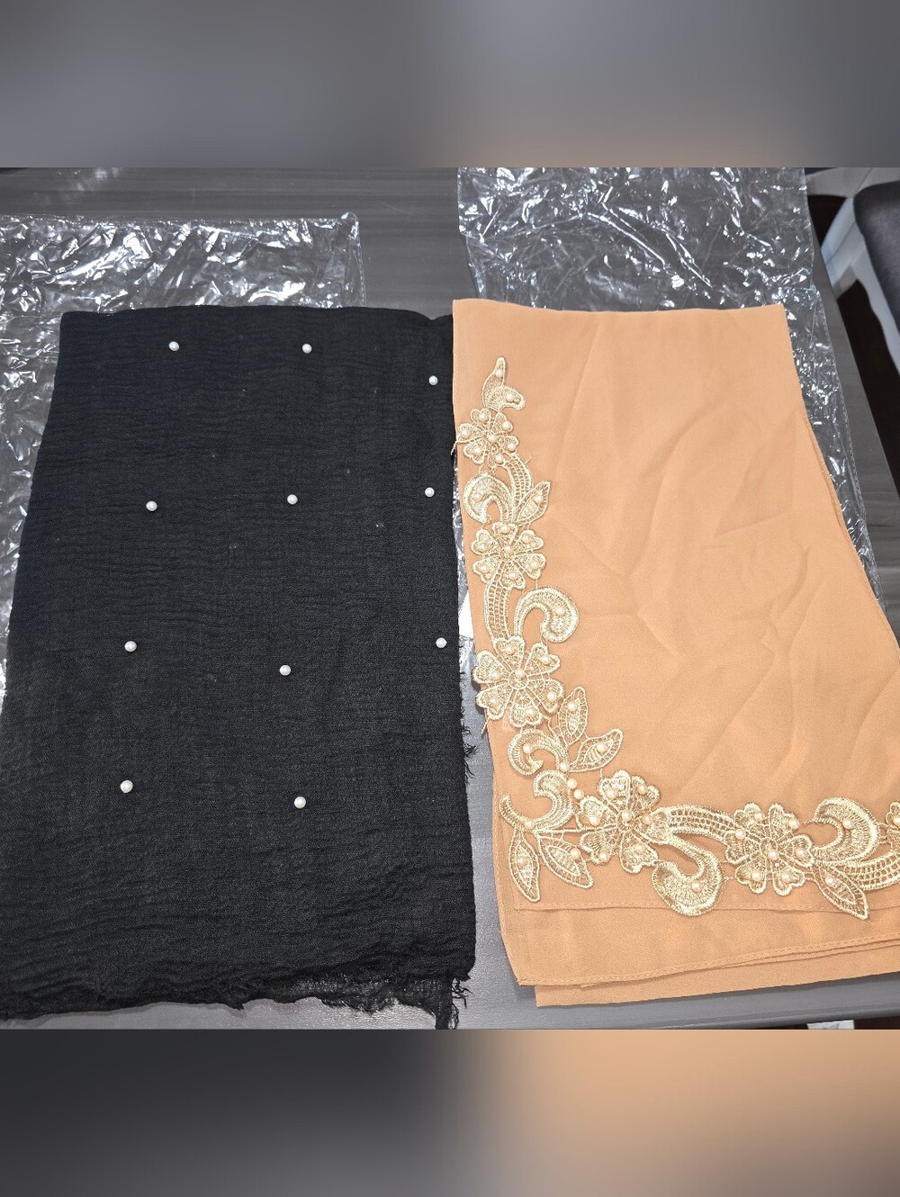 Pearl-Embellished Black Scarf Hijab & Embroidered Beige Chiffon NEW 2 Pack